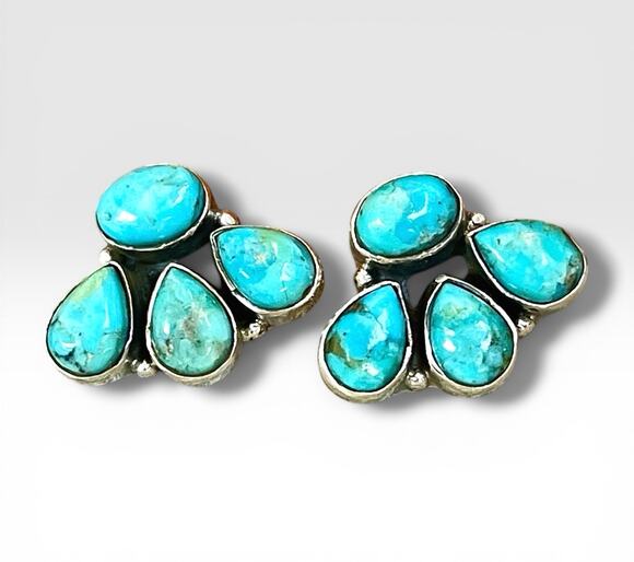 Southwest Jewelry - Turquoise Cluster Stud Earrings Sterling Silver Native Style Southwest Jewelry